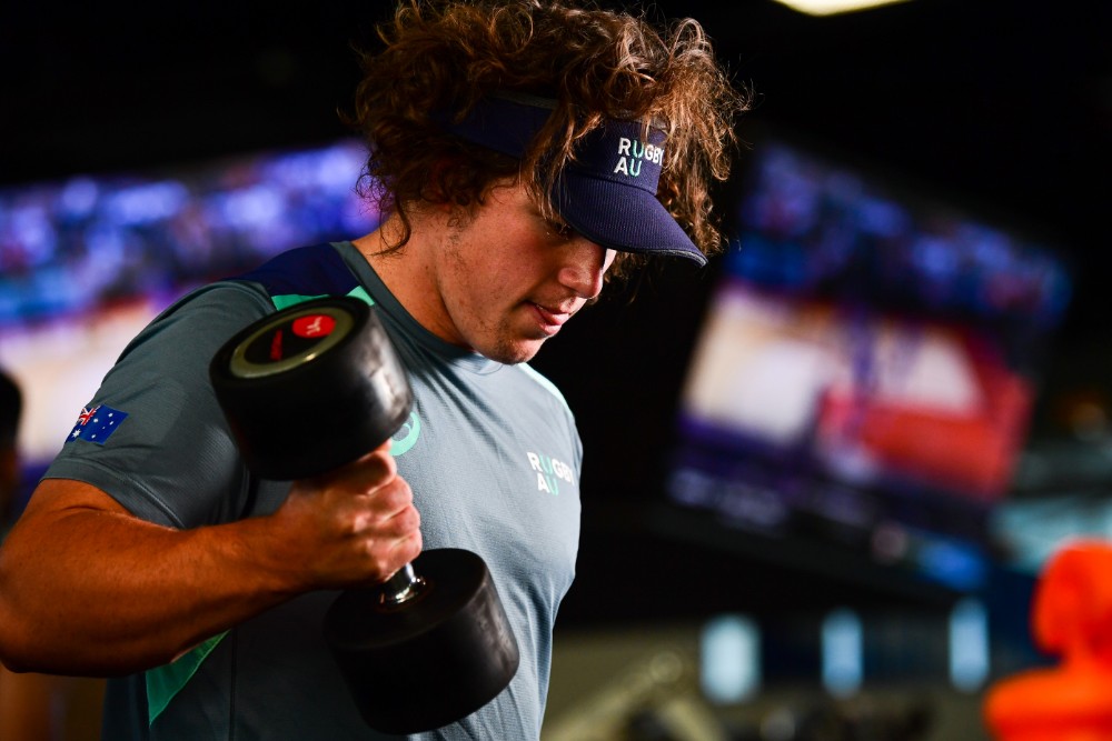 Lachlan Lonergan working out in the weights room on the Gold Coast. Photo: RUGBY.com.au/Stuart Walmsley