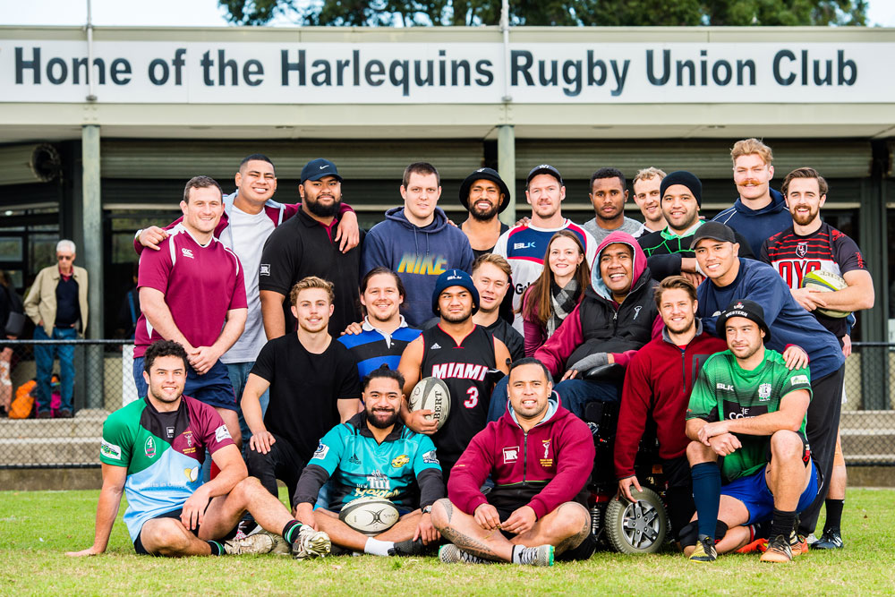 Kylie and Maciu Vosa with the 2017 Harlequin first grade squad. Photo: RUGBY.com.au/Stuart Walmsley
