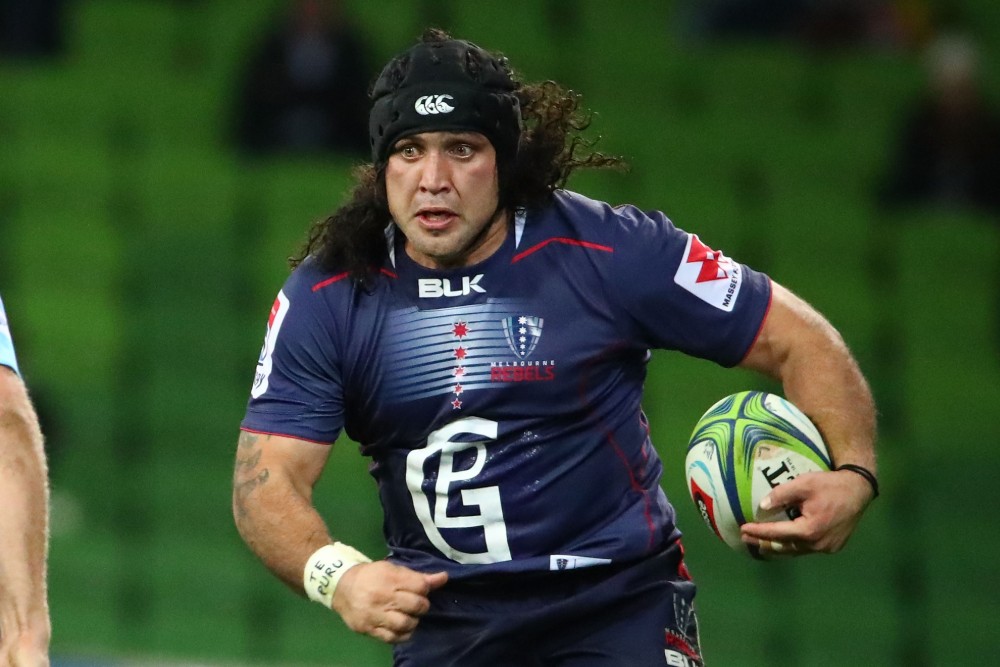 Rebels hooker Anaru Rangi charges ahead with the ball. Photo: Getty Images
