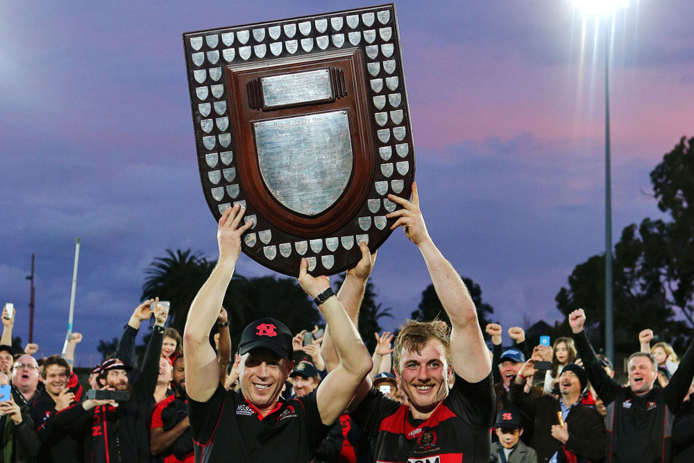 Simon Cron and Will Miller hold up the Shute Shield. Photo: Karen Watson