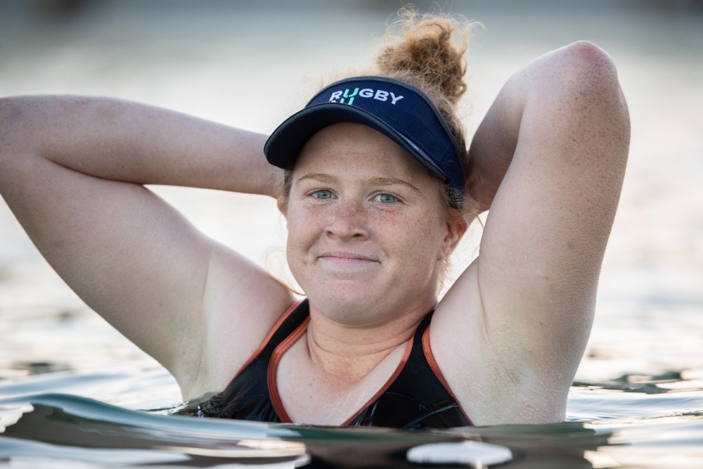 Averyl Mitchell at a Wallaroos recovery session at Merewether Baths. Photo: RUGBY.com.au/Stuart Walmsley