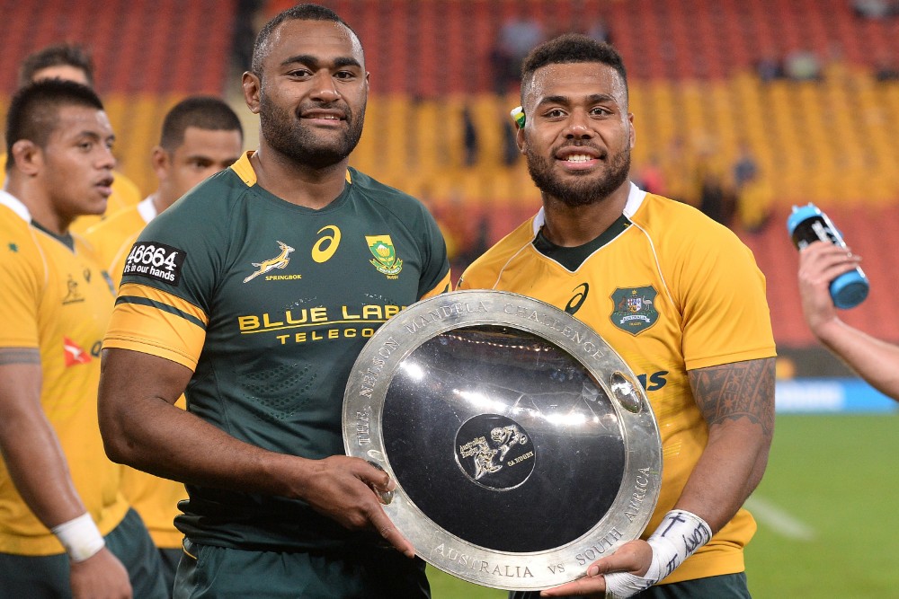 Wallabies players Samu Kerevi and Tevita Kuridrani celebrate victory after a Rugby Championship Test against South Africa. the pair hope to play together for the Wallabies again at the World Cup. Photo: Getty Images
