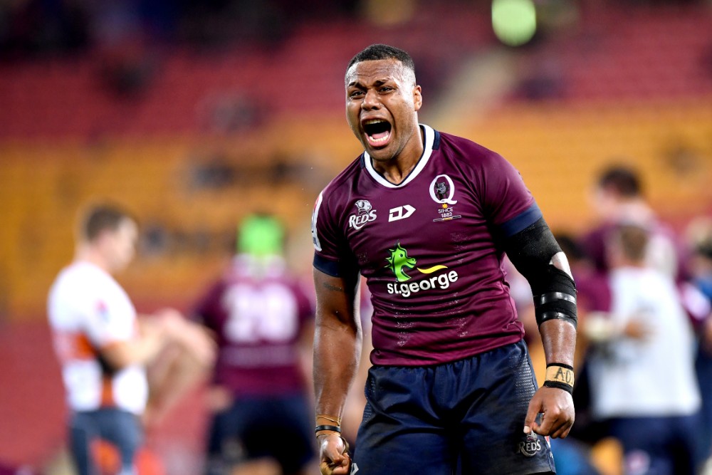 Reds captain Samu Kerevi, playing possibly his final home game for the Reds, reacts after their 29-28 win over the Blues. Photo: Getty Images 