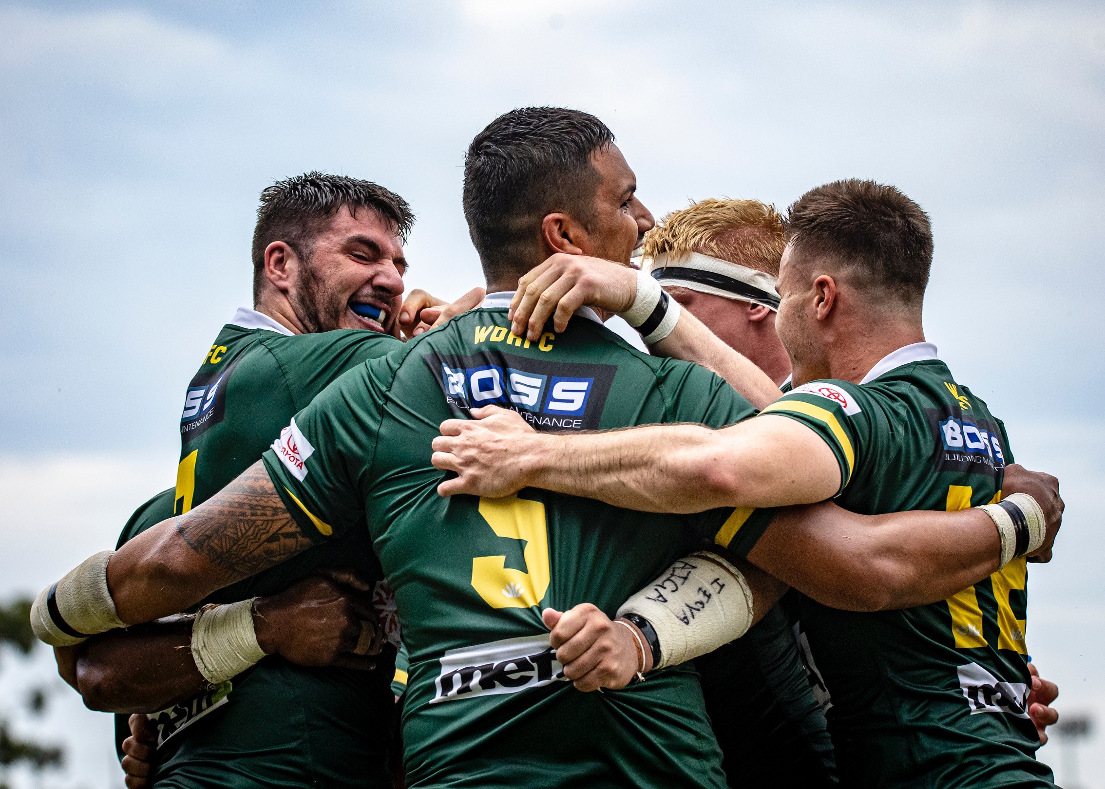 Wests celebrate a try against Brothers at Crosby Park. Photo: Brendan Hertel, QRU