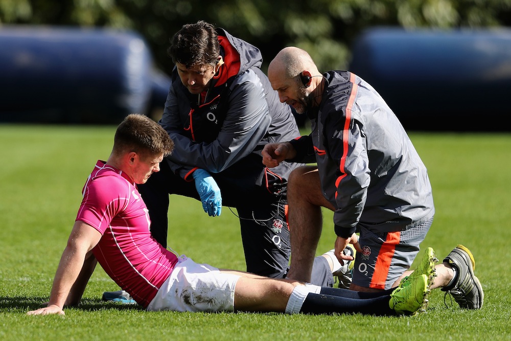 Eddie Jones is adamant that Owen Farrell will be ok to play despite suffering a leg injury at training. Photo: Getty Images.