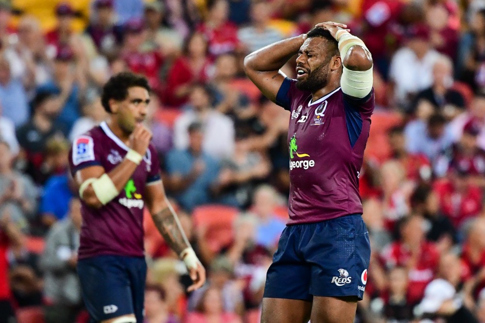 Reds captain Samu Kerevi shows his frustration as Queensland struggle to hold the ball against the Crusaders. Photo: Rugby AU Media/Stuart Walmsley