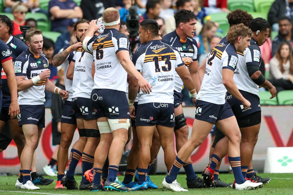 The Brumbies celebrate a try during their round Nine Match with the Rebels. Photo: Getty Images