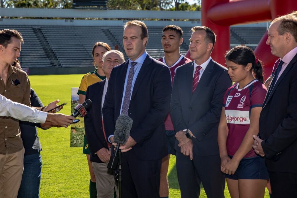 QRU chief executive David Hanham speaks after the ALP's election pledge of $15 million towards the redevelopment of Ballymore. Photo: QRU Media/Brendan Hertel 