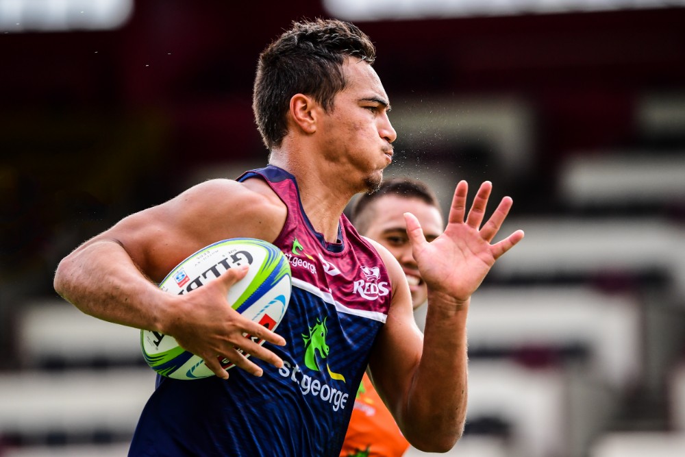 Jordan Petaia training with the Reds before his foot injury. Photo: RUGBY.com.au/Stuart Walmsley