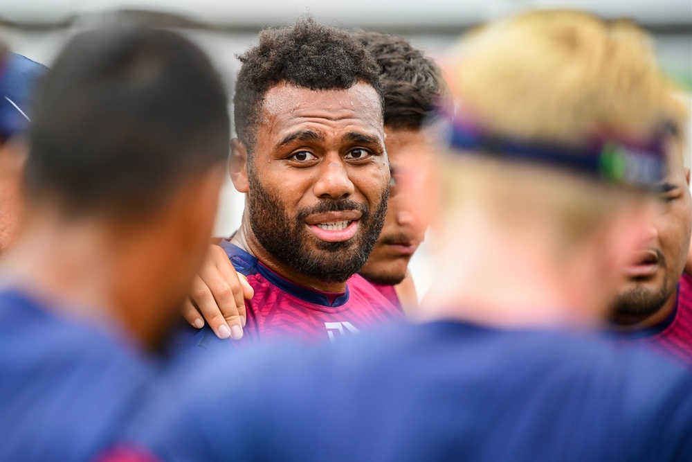 Queensland Reds captain Samu Kerevi talks to his men ahead of the clash against the Crusaders. Photo: Rugby AU Media/Stuart Walmsley