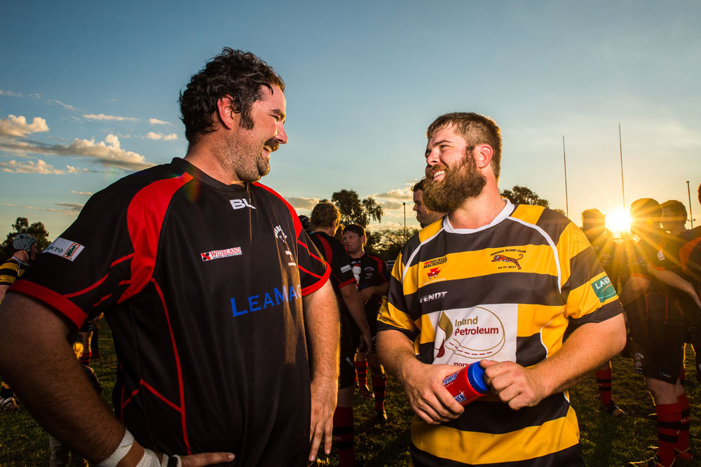 Narromine's Andrew Gibson and Trangie's John Ellis after the first leg of The Ashes in Trangie. Photo: RUGBY.com.au/Stuart Walmsley