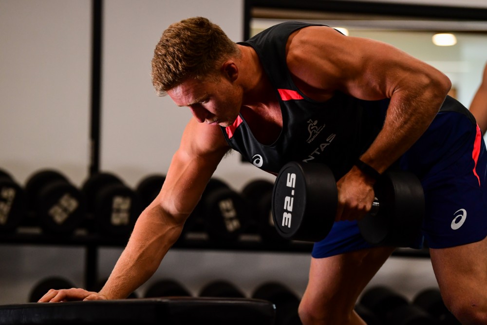 Reece Hodge in the gym. Photo: Stu Walmsley/RUGBY.com.au