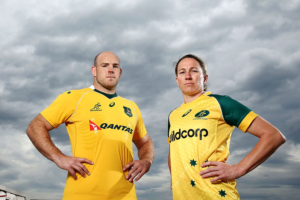 Wallabies captain Stephen Moore and Wallaroos captain Ash Hewson ahead of this weekend's historic double header. Photo: Getty Images