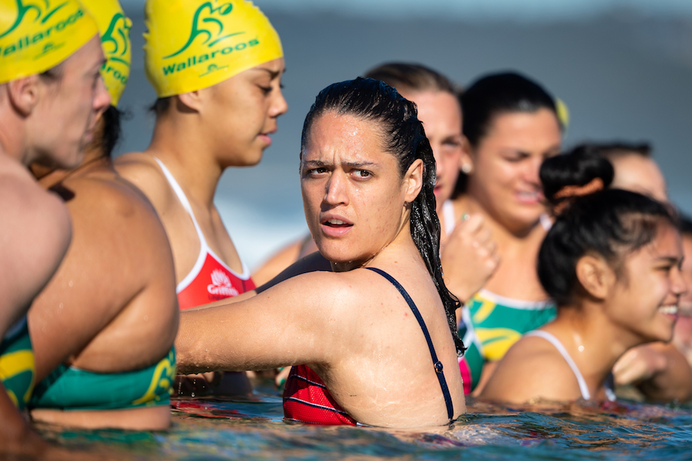 Wallaroos forward Kiri Lingman completes a recovery session with teammates at the Merewether Baths ahead of the Test against Japan. Photo: RUGBY.com.au/Stuart Walmsley